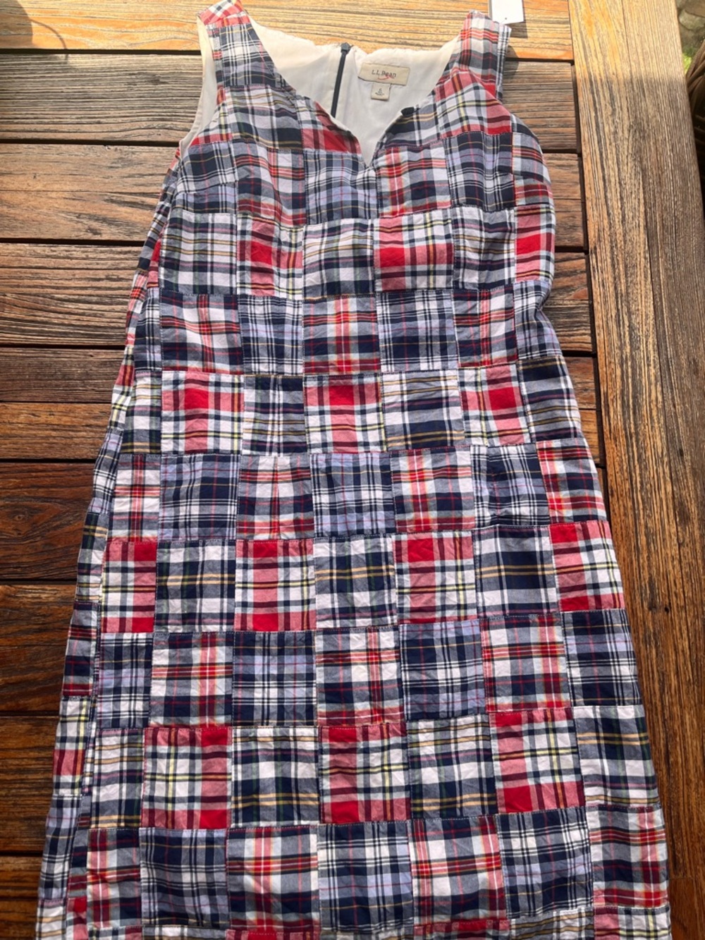 Vintage L.L. Bean Red, Navy & White Plaid Sleeveless Cotton Dress